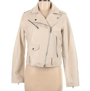 Zara Cream Leather Moto Jacket Asymmetrical Zipper